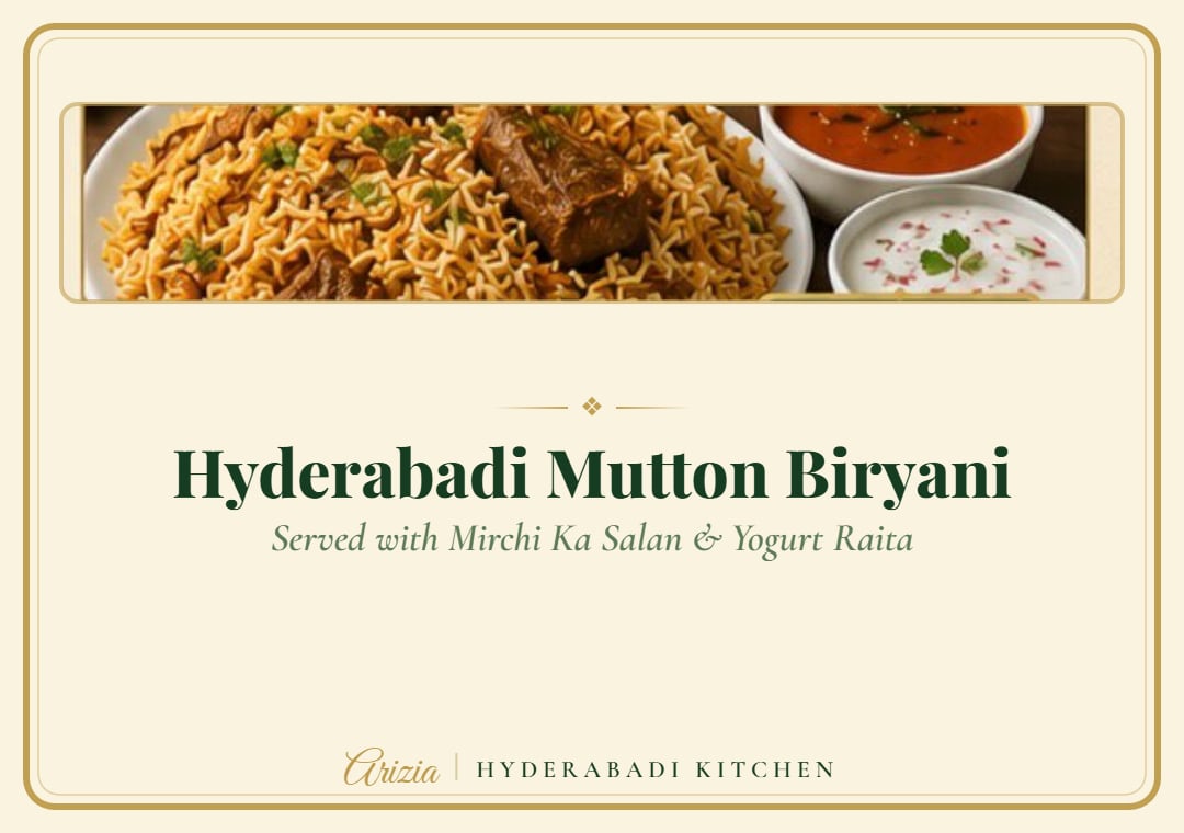Authentic Hyderabadi Mutton Biryani — Served with Mirchi ka Salan & yogurt raita